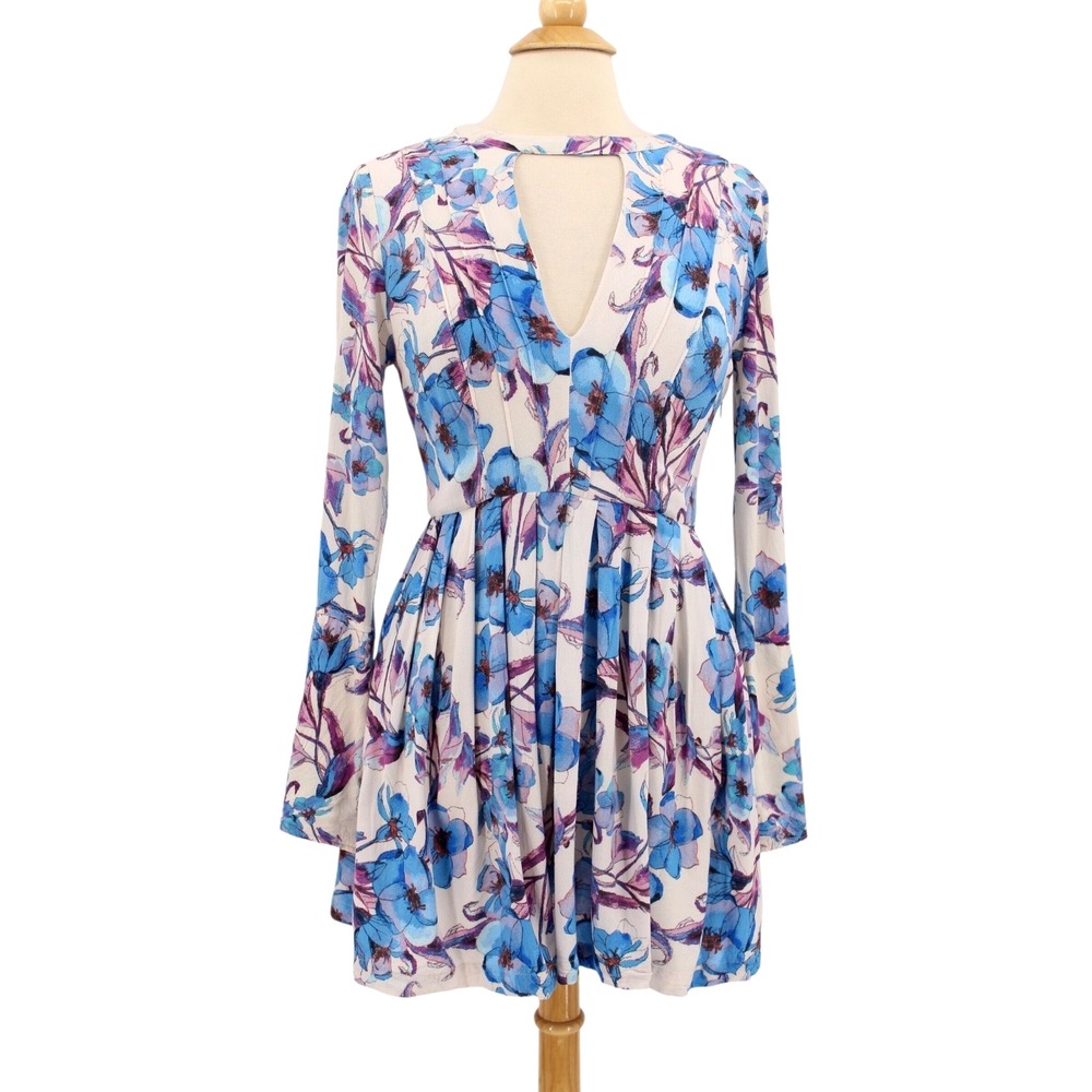 Free People Tegan Mini Dress size 6 Blue Floral‎ Keyhole Pleated Boho Fairy